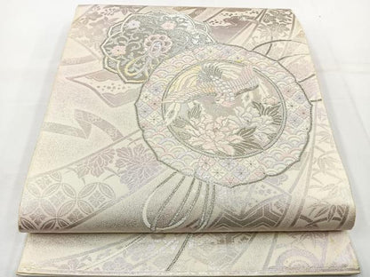 平和屋着物◎六通柄袋帯 唐織 鏡裏鳳凰花文 銀糸 正絹 逸品 BAAT6142ea