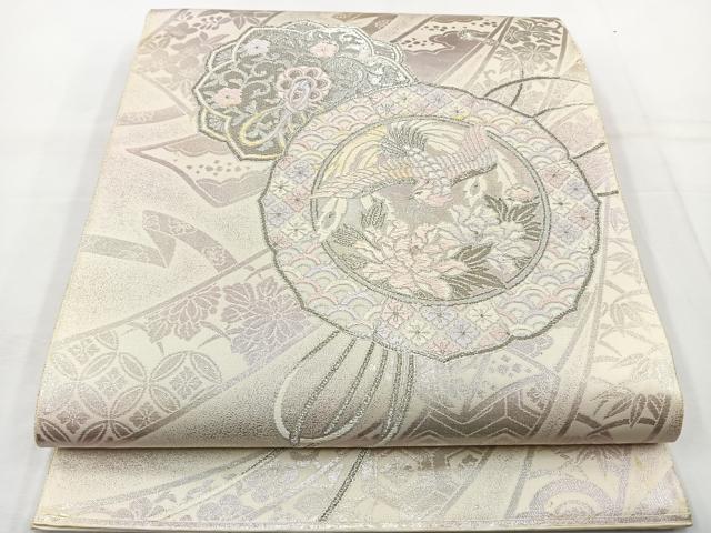 平和屋着物◎六通柄袋帯 唐織 鏡裏鳳凰花文 銀糸 正絹 逸品 BAAT6142ea