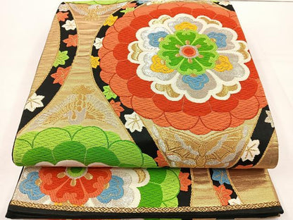 平和屋着物◎六通柄袋帯 唐織 縦枠花鳥文 黒地 金銀糸 正絹 逸品 BAAT6172ea