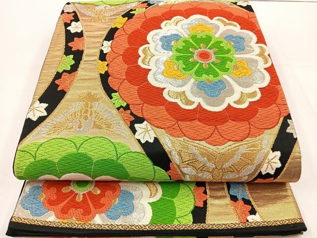平和屋着物◎六通柄袋帯 唐織 縦枠花鳥文 黒地 金銀糸 正絹 逸品 BAAT6172ea