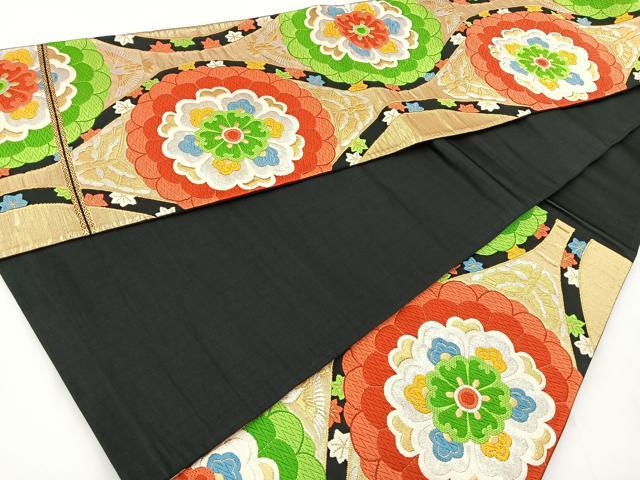 平和屋着物◎六通柄袋帯 唐織 縦枠花鳥文 黒地 金銀糸 正絹 逸品 BAAT6172ea