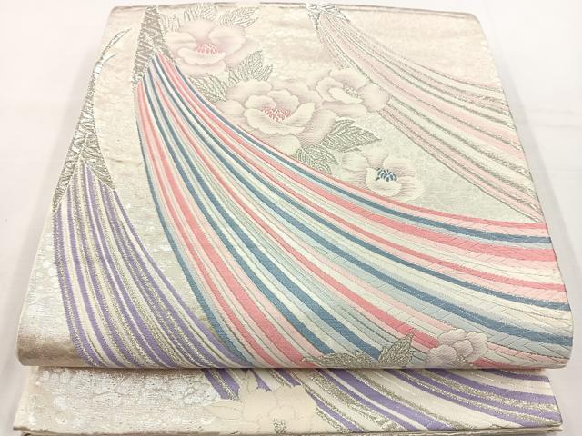 平和屋着物◎六通柄袋帯 唐織 草花文 銀糸 正絹 逸品 BAAT6199ea