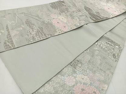 平和屋着物◎六通柄袋帯 唐織 花車文 銀糸 正絹 逸品 BAAT6211ea