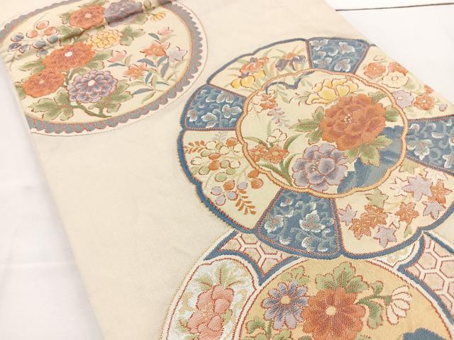 平和屋着物◎六通柄袋帯 花絵皿 金銀糸 正絹 逸品 BAAT6219ea