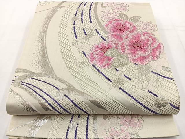 平和屋着物◎六通柄袋帯 唐織 立波花文 銀糸 正絹 逸品 BAAT6235ea