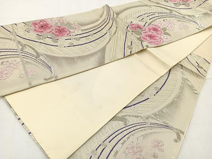 平和屋着物◎六通柄袋帯 唐織 立波花文 銀糸 正絹 逸品 BAAT6235ea