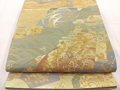 平和屋着物◎六通柄袋帯 流水地紙花鳥文 金糸 正絹 逸品 BAAT6248ea