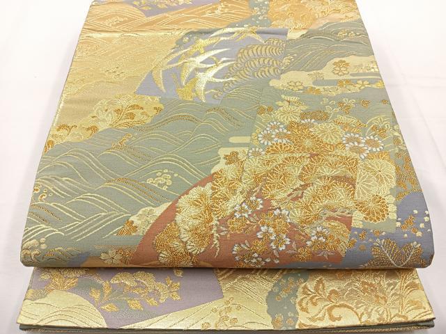 平和屋着物◎六通柄袋帯 流水地紙花鳥文 金糸 正絹 逸品 BAAT6248ea