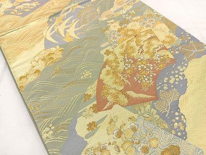 平和屋着物◎六通柄袋帯 流水地紙花鳥文 金糸 正絹 逸品 BAAT6248ea