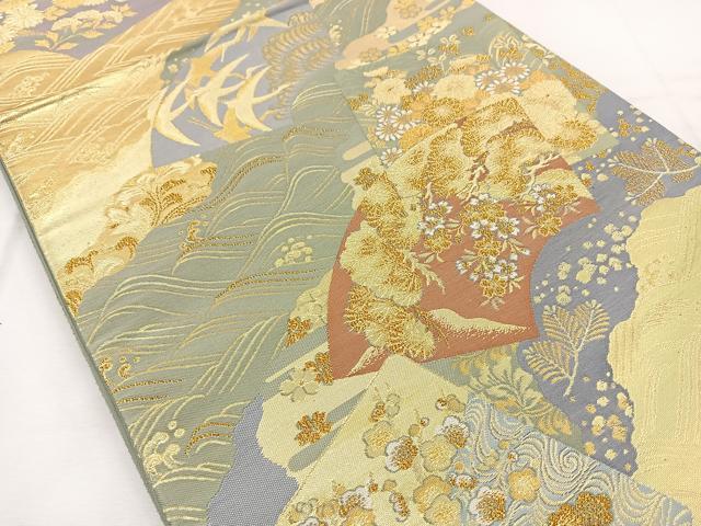 平和屋着物◎六通柄袋帯 流水地紙花鳥文 金糸 正絹 逸品 BAAT6248ea