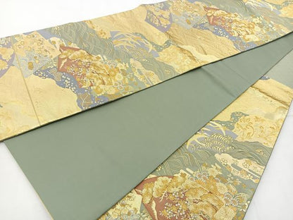 平和屋着物◎六通柄袋帯 流水地紙花鳥文 金糸 正絹 逸品 BAAT6248ea
