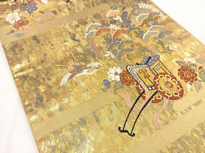 平和屋着物◎六通柄袋帯 唐織 御所車花鳥文 金糸 引箔 正絹 逸品 BAAT6266ea