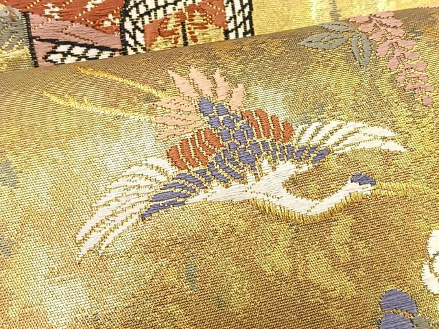 平和屋着物◎六通柄袋帯 唐織 御所車花鳥文 金糸 引箔 正絹 逸品 BAAT6266ea