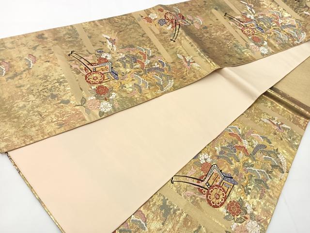 平和屋着物◎六通柄袋帯 唐織 御所車花鳥文 金糸 引箔 正絹 逸品 BAAT6266ea
