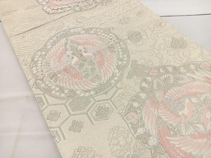 平和屋着物◎六通柄袋帯 唐織 向かい鳥花文 銀糸 正絹 逸品 BAAT6271ea