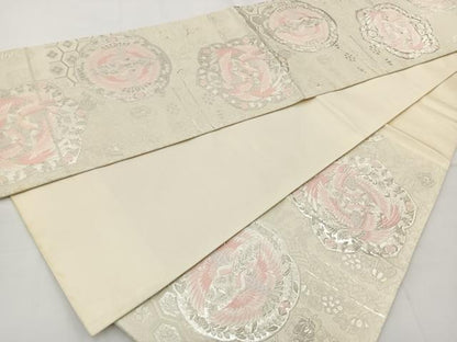 平和屋着物◎六通柄袋帯 唐織 向かい鳥花文 銀糸 正絹 逸品 BAAT6271ea