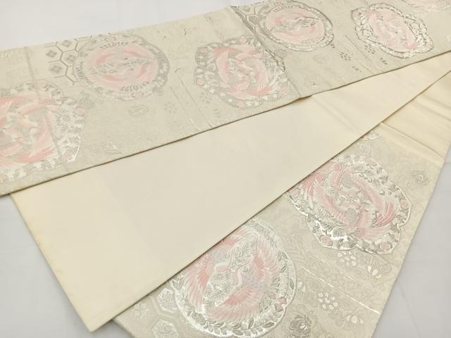 平和屋着物◎六通柄袋帯 唐織 向かい鳥花文 銀糸 正絹 逸品 BAAT6271ea