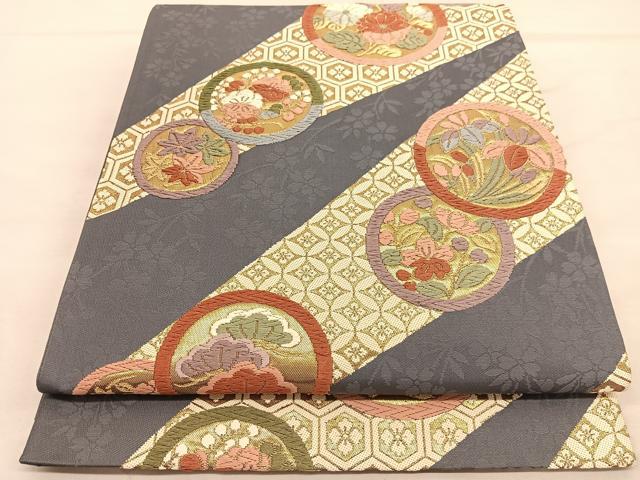 平和屋着物◎六通柄袋帯 唐織 花丸文 金糸 正絹 逸品 BAAT6360hv