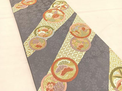 平和屋着物◎六通柄袋帯 唐織 花丸文 金糸 正絹 逸品 BAAT6360hv