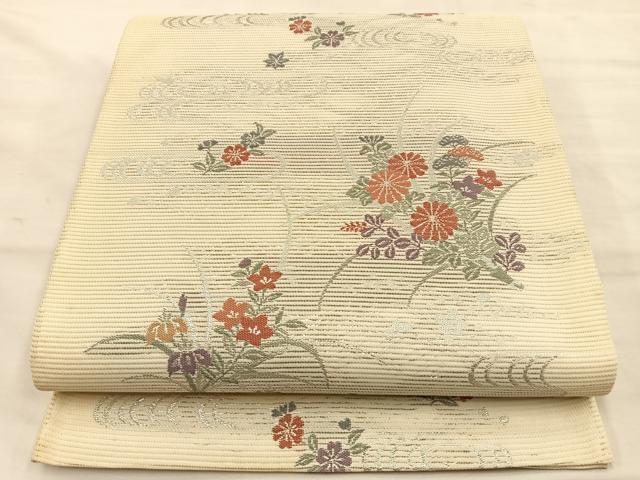 平和屋着物＊夏物 六通柄袋帯 秋草文 銀糸 正絹 逸品 BAAT6434du