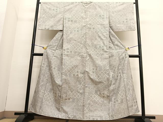 平和屋着物●上質なお召　横段花唐草文　正絹　逸品　BAAT6699hv