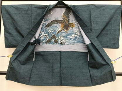 平和屋着物●男性 紬 アンサンブル 格子柄 羽裏：鷹 正絹 逸品 BAAT6740hv