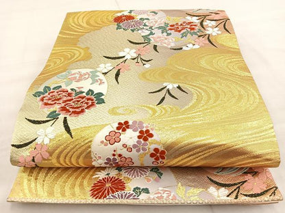 平和屋着物◎六通柄袋帯 唐織 流水花丸文 金糸 正絹 逸品 BAAT6930ph