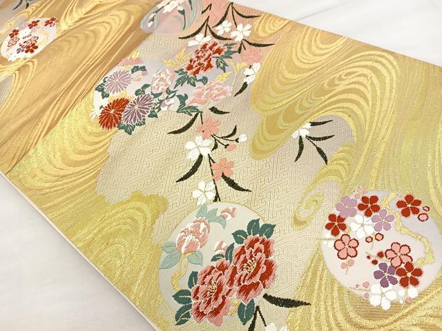平和屋着物◎六通柄袋帯 唐織 流水花丸文 金糸 正絹 逸品 BAAT6930ph