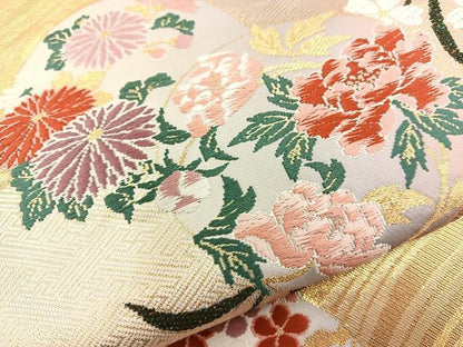 平和屋着物◎六通柄袋帯 唐織 流水花丸文 金糸 正絹 逸品 BAAT6930ph
