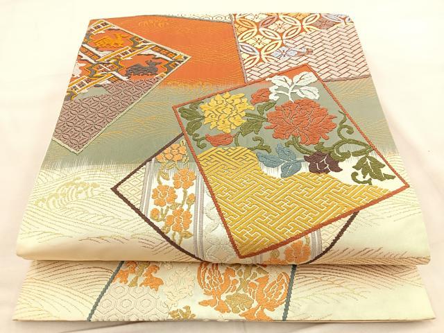 平和屋着物◎六通柄袋帯 唐錦 名物裂紙文 金糸 正絹 逸品 BAAT6932ph