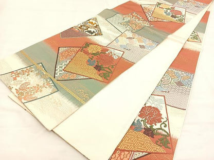 平和屋着物◎六通柄袋帯 唐錦 名物裂紙文 金糸 正絹 逸品 BAAT6932ph