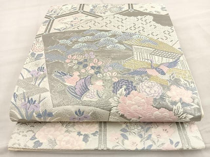 平和屋着物◎六通柄袋帯 唐織 扇面花鳥文 プラチナ箔 正絹 逸品 BAAT6937ph