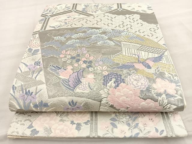 平和屋着物◎六通柄袋帯 唐織 扇面花鳥文 プラチナ箔 正絹 逸品 BAAT6937ph