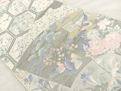平和屋着物◎六通柄袋帯 唐織 扇面花鳥文 プラチナ箔 正絹 逸品 BAAT6937ph