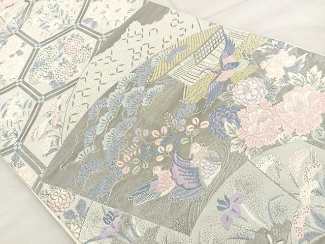 平和屋着物◎六通柄袋帯 唐織 扇面花鳥文 プラチナ箔 正絹 逸品 BAAT6937ph