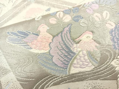 平和屋着物◎六通柄袋帯 唐織 扇面花鳥文 プラチナ箔 正絹 逸品 BAAT6937ph