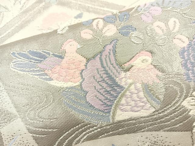 平和屋着物◎六通柄袋帯 唐織 扇面花鳥文 プラチナ箔 正絹 逸品 BAAT6937ph