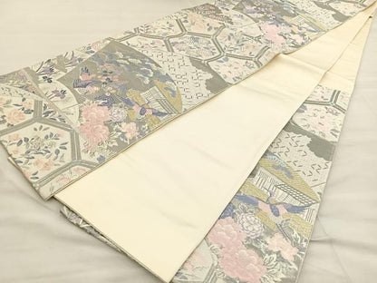 平和屋着物◎六通柄袋帯 唐織 扇面花鳥文 プラチナ箔 正絹 逸品 BAAT6937ph