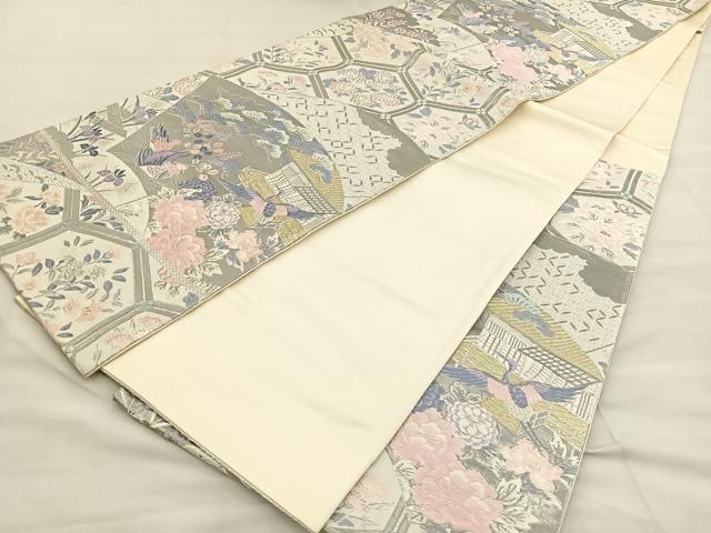 平和屋着物◎六通柄袋帯 唐織 扇面花鳥文 プラチナ箔 正絹 逸品 BAAT6937ph