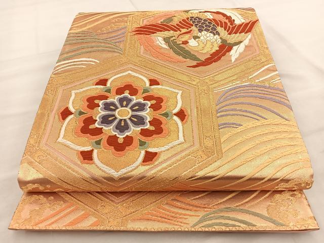 平和屋着物◎六通柄袋帯 錦繍 山川謹製 亀甲花鳥文 金糸 正絹 逸品 BAAT6940ph