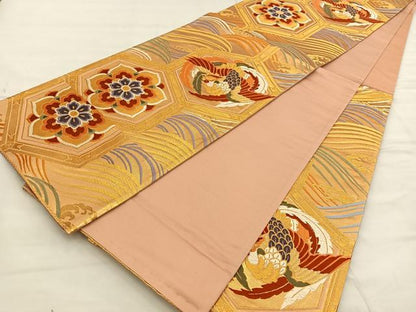 平和屋着物◎六通柄袋帯 錦繍 山川謹製 亀甲花鳥文 金糸 正絹 逸品 BAAT6940ph