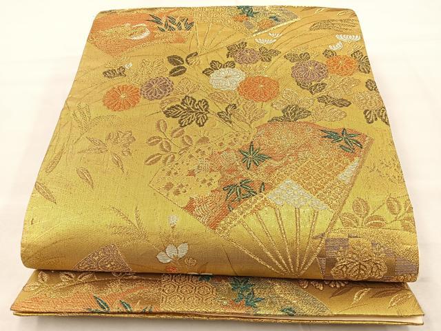 平和屋着物◎西陣 六通柄袋帯 扇面花文 金糸 正絹 逸品 BAAT6971ph