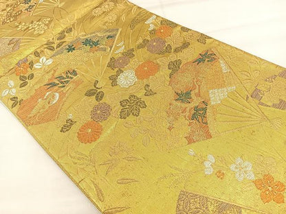平和屋着物◎西陣 六通柄袋帯 扇面花文 金糸 正絹 逸品 BAAT6971ph