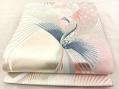 平和屋着物◎六通柄袋帯 唐織 孔雀文 銀糸 正絹 逸品 BAAT6972ph