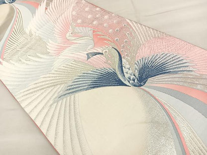 平和屋着物◎六通柄袋帯 唐織 孔雀文 銀糸 正絹 逸品 BAAT6972ph