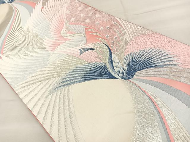 平和屋着物◎六通柄袋帯 唐織 孔雀文 銀糸 正絹 逸品 BAAT6972ph