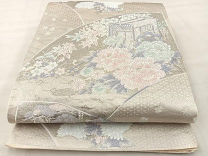 平和屋着物◎六通柄袋帯 唐織 九百錦 プラチナ箔 地紙花文 正絹 逸品 BAAT6982ph