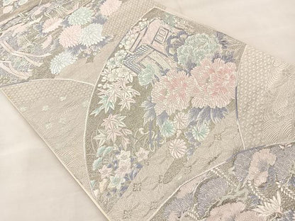 平和屋着物◎六通柄袋帯 唐織 九百錦 プラチナ箔 地紙花文 正絹 逸品 BAAT6982ph