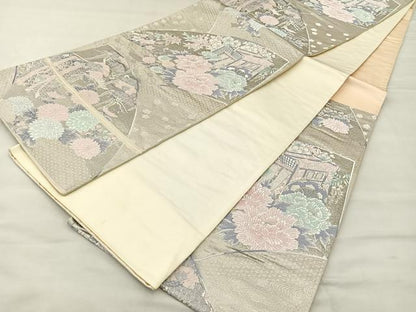 平和屋着物◎六通柄袋帯 唐織 九百錦 プラチナ箔 地紙花文 正絹 逸品 BAAT6982ph