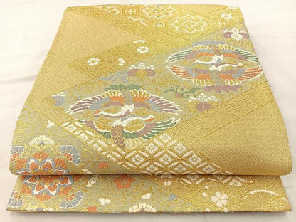 平和屋着物◎六通柄袋帯 唐織 双鶴花文 金糸 正絹 逸品 BAAT6989ph